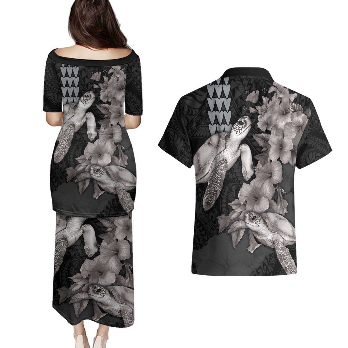 Hawaiian Turtle Love Couple Couples Matching Puletasi and Hawaiian Shirt - Sweet Hibiscus and Kakau Pattern Grayscale Color