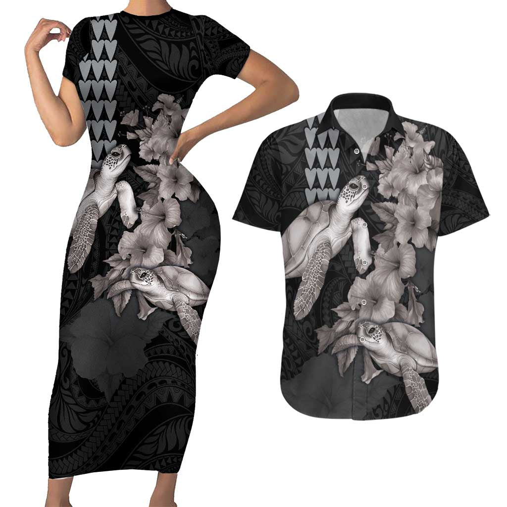 Hawaiian Turtle Love Couple Couples Matching Short Sleeve Bodycon Dress and Hawaiian Shirt - Sweet Hibiscus and Kakau Pattern Grayscale Color