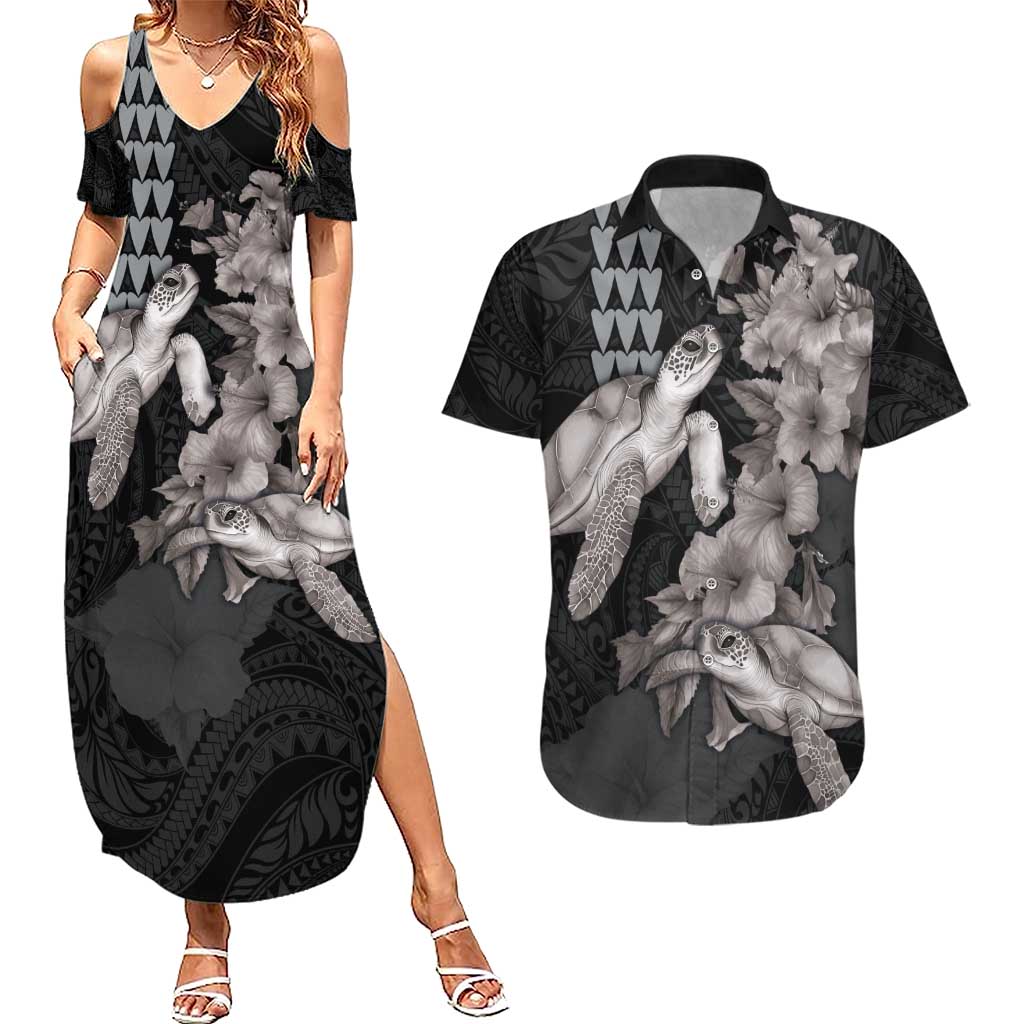 Hawaiian Turtle Love Couple Couples Matching Summer Maxi Dress and Hawaiian Shirt - Sweet Hibiscus and Kakau Pattern Grayscale Color