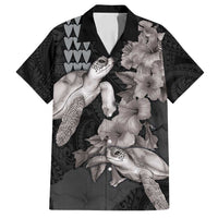 Hawaiian Turtle Love Couple Family Matching Long Sleeve Bodycon Dress and Hawaiian Shirt - Sweet Hibiscus and Kakau Pattern Grayscale Color