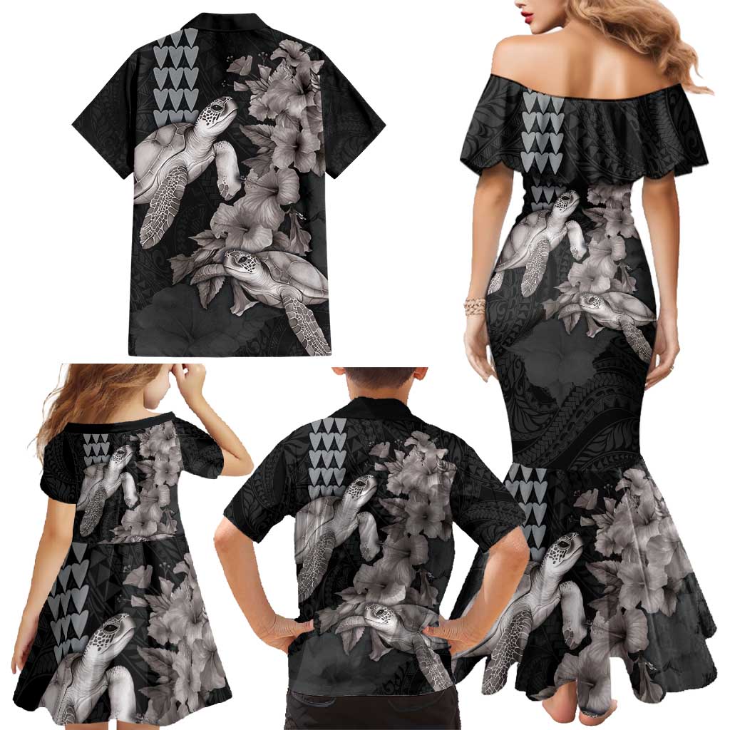 Hawaiian Turtle Love Couple Family Matching Mermaid Dress and Hawaiian Shirt - Sweet Hibiscus and Kakau Pattern Grayscale Color