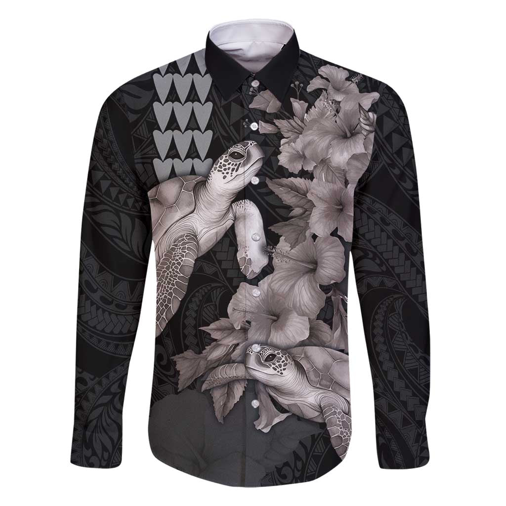 Hawaiian Turtle Love Couple Family Matching Mermaid Dress and Hawaiian Shirt - Sweet Hibiscus and Kakau Pattern Grayscale Color