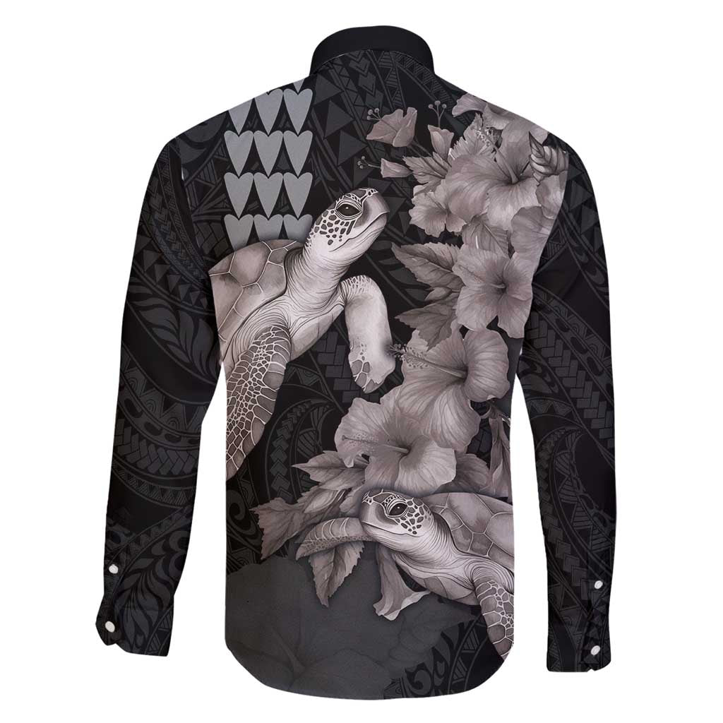 Hawaiian Turtle Love Couple Family Matching Mermaid Dress and Hawaiian Shirt - Sweet Hibiscus and Kakau Pattern Grayscale Color