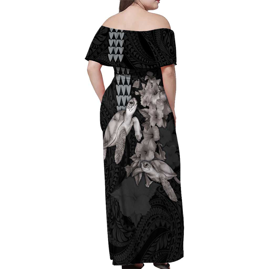 Hawaiian Turtle Love Couple Family Matching Off Shoulder Maxi Dress and Hawaiian Shirt - Sweet Hibiscus and Kakau Pattern Grayscale Color