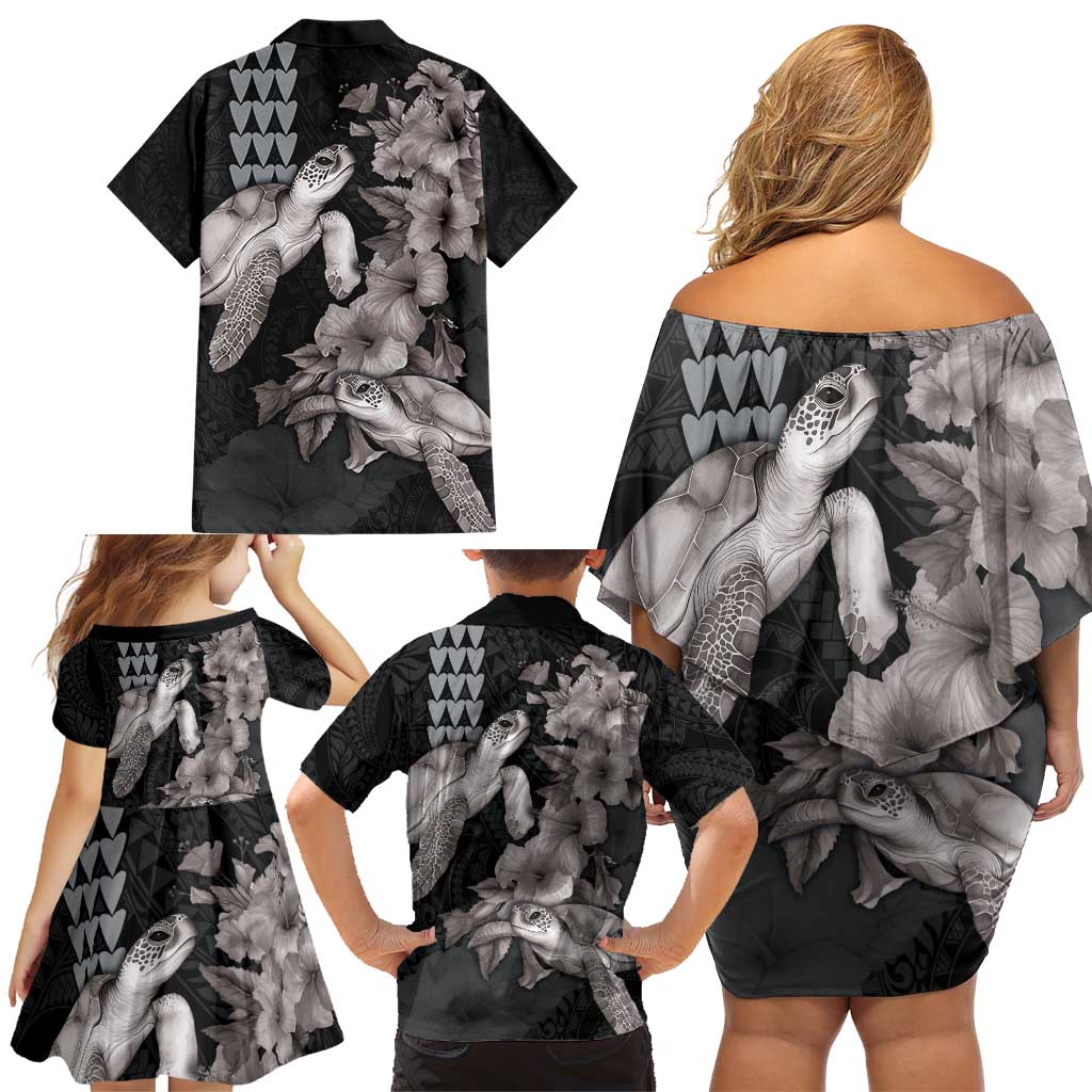 Hawaiian Turtle Love Couple Family Matching Off Shoulder Short Dress and Hawaiian Shirt - Sweet Hibiscus and Kakau Pattern Grayscale Color