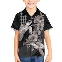 Hawaiian Turtle Love Couple Family Matching Off Shoulder Short Dress and Hawaiian Shirt - Sweet Hibiscus and Kakau Pattern Grayscale Color