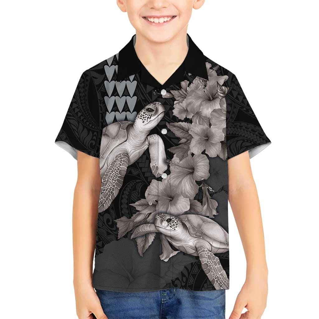 Hawaiian Turtle Love Couple Family Matching Puletasi and Hawaiian Shirt - Sweet Hibiscus and Kakau Pattern Grayscale Color