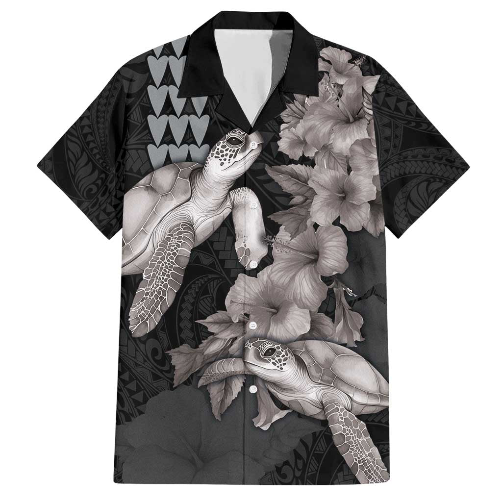 Hawaiian Turtle Love Couple Family Matching Short Sleeve Bodycon Dress and Hawaiian Shirt - Sweet Hibiscus and Kakau Pattern Grayscale Color