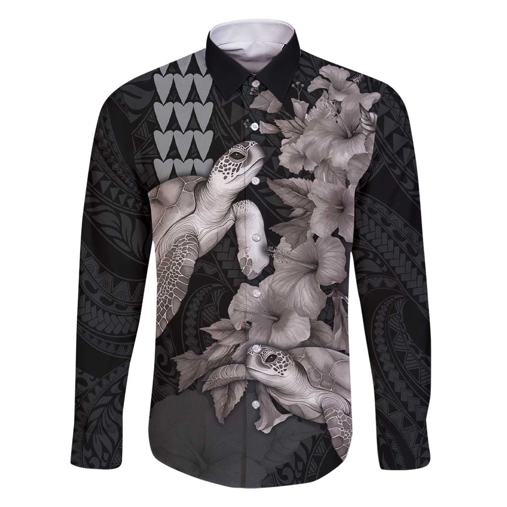 Hawaiian Turtle Love Couple Family Matching Short Sleeve Bodycon Dress and Hawaiian Shirt - Sweet Hibiscus and Kakau Pattern Grayscale Color