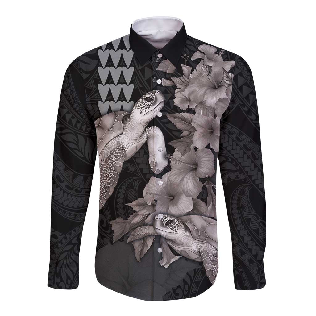 Hawaiian Turtle Love Couple Long Sleeve Button Shirt - Sweet Hibiscus and Kakau Pattern Grayscale Color