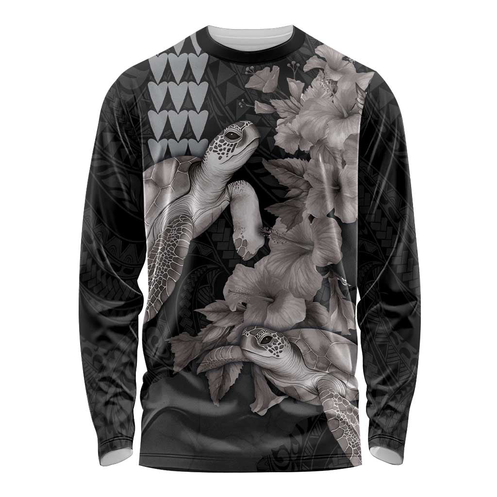 Hawaiian Turtle Love Couple Long Sleeve Shirt - Sweet Hibiscus and Kakau Pattern Grayscale Color