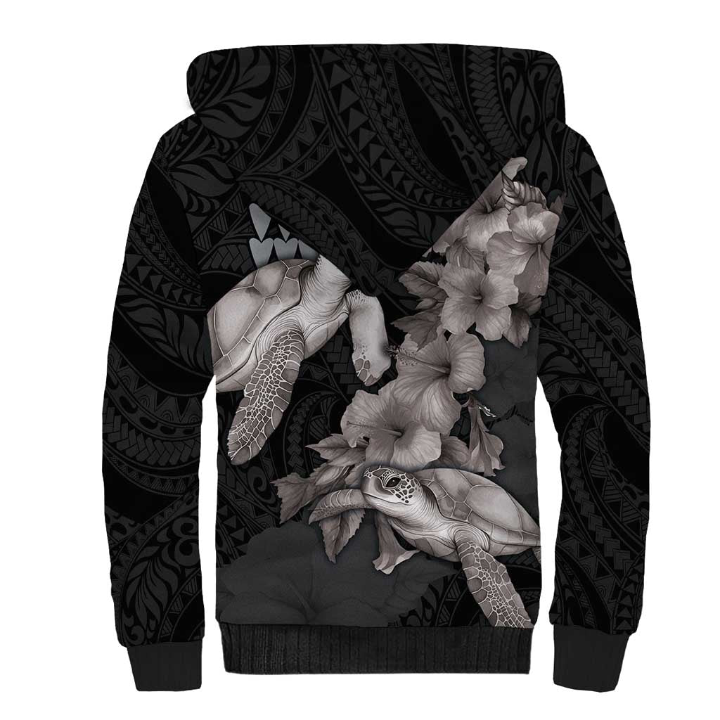 Hawaiian Turtle Love Couple Sherpa Hoodie - Sweet Hibiscus and Kakau Pattern Grayscale Color