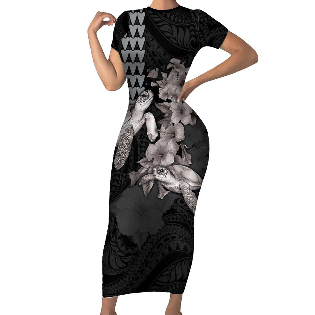 Hawaiian Turtle Love Couple Short Sleeve Bodycon Dress - Sweet Hibiscus and Kakau Pattern Grayscale Color