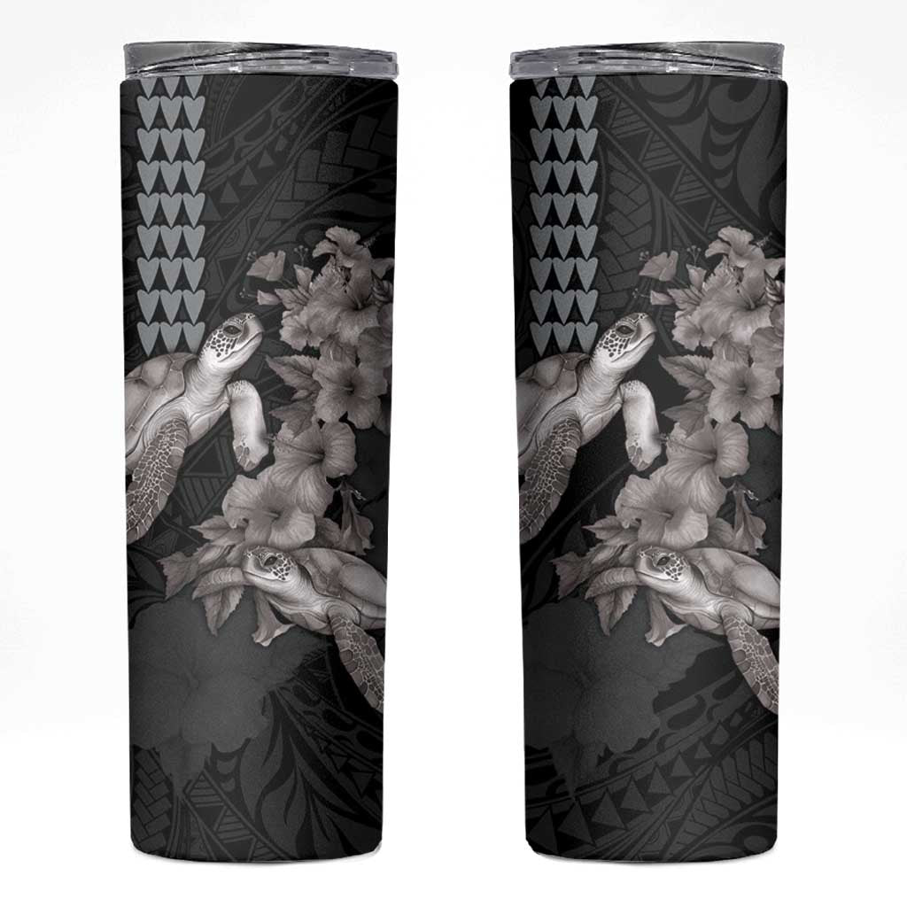 Hawaiian Turtle Love Couple Skinny Tumbler Sweet Hibiscus and Kakau Pattern Grayscale Color