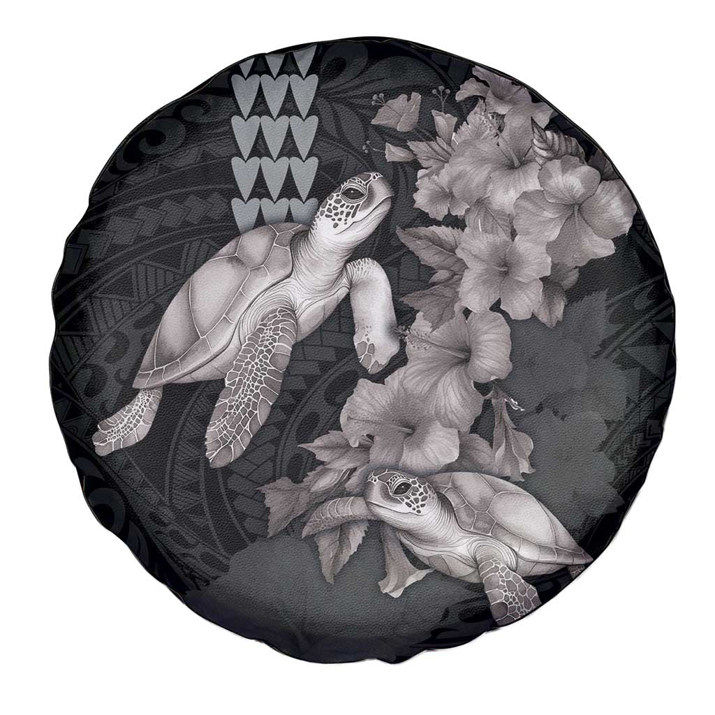 Hawaiian Turtle Love Couple Spare Tire Cover - Sweet Hibiscus and Kakau Pattern Grayscale Color