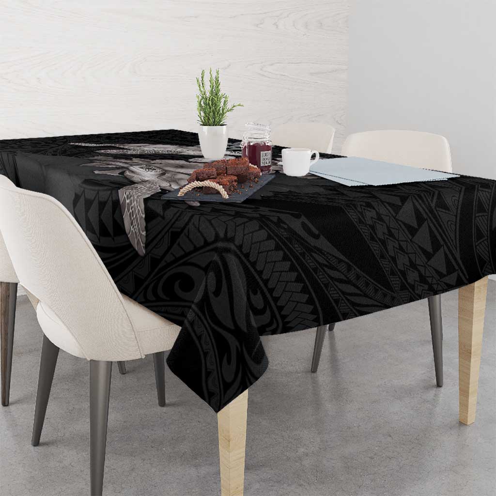 Hawaiian Turtle Love Couple Tablecloth - Sweet Hibiscus and Kakau Pattern Grayscale Color