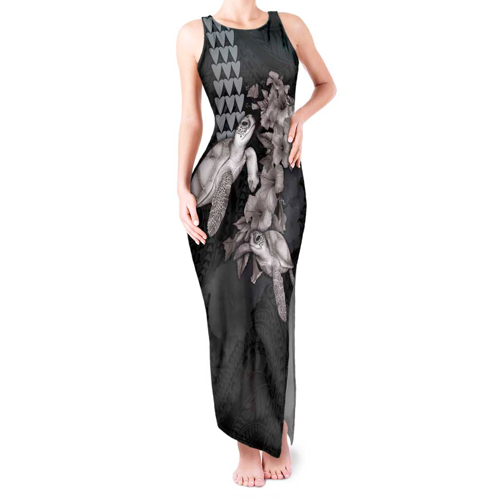 Hawaiian Turtle Love Couple Tank Maxi Dress - Sweet Hibiscus and Kakau Pattern Grayscale Color