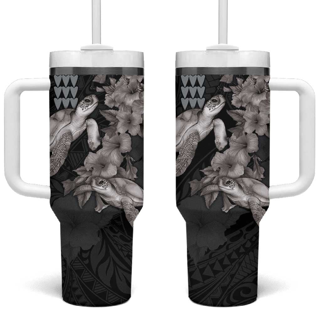 Hawaiian Turtle Love Couple Tumbler With Handle Sweet Hibiscus and Kakau Pattern Grayscale Color