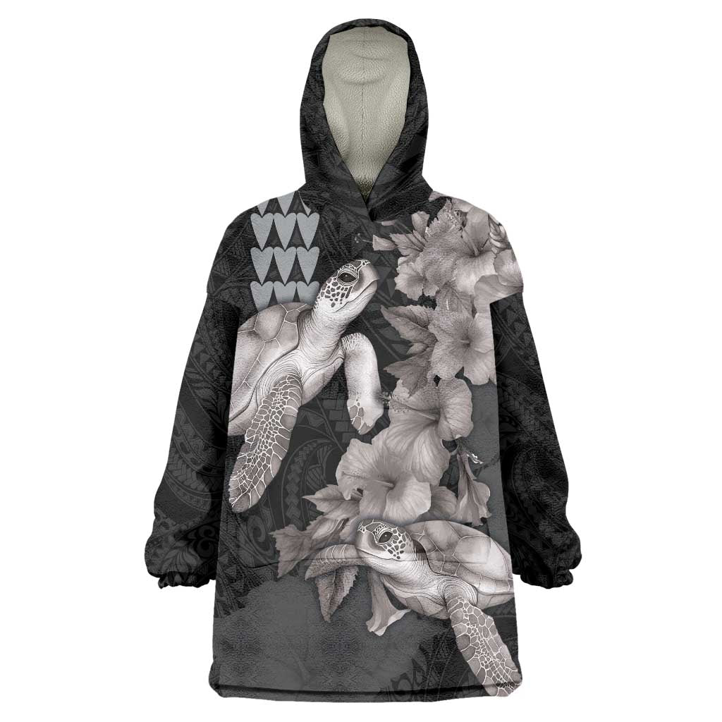 Hawaiian Turtle Love Couple Wearable Blanket Hoodie - Sweet Hibiscus and Kakau Pattern Grayscale Color