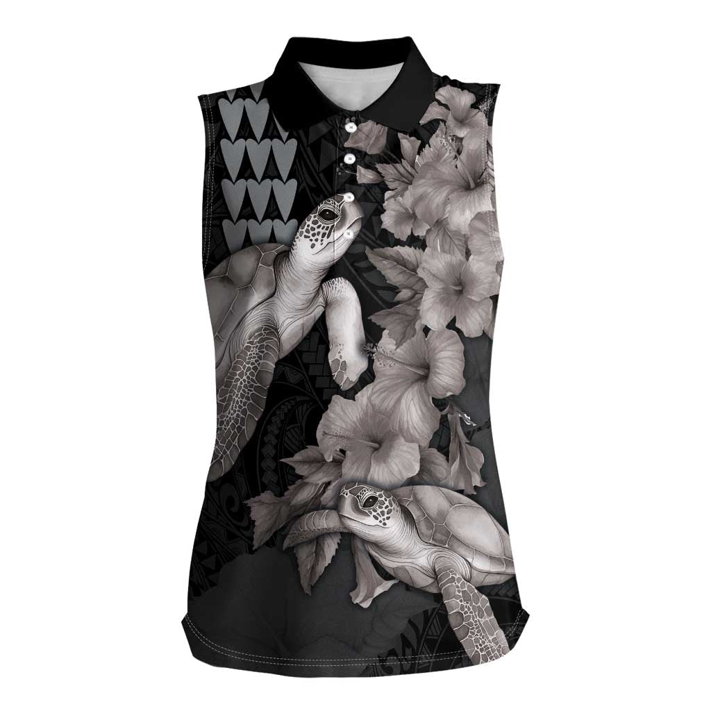 Hawaiian Turtle Love Couple Women Sleeveless Polo Shirt - Sweet Hibiscus and Kakau Pattern Grayscale Color