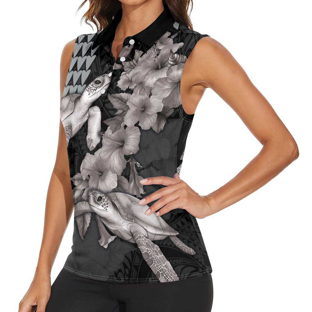 Hawaiian Turtle Love Couple Women Sleeveless Polo Shirt - Sweet Hibiscus and Kakau Pattern Grayscale Color