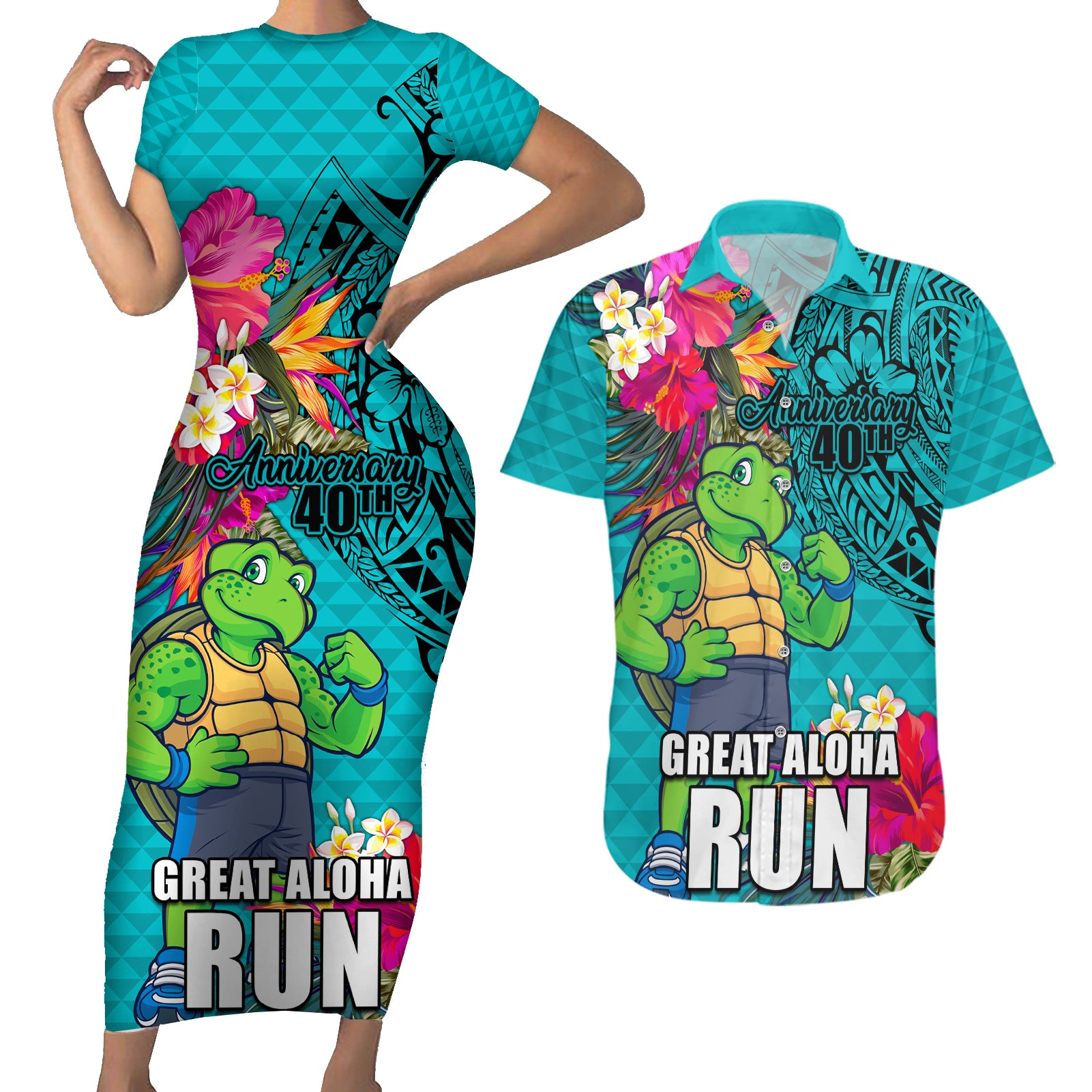 Hawaii Great Aloha Run 40th Anniversary Couples Matching Short Sleeve Bodycon Dress and Hawaiian Shirt With Turtle Mascot Marathon Hibiscus and Kakau LT03 Turquoise - Polynesian Pride