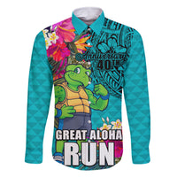 Hawaii Great Aloha Run 40th Anniversary Family Matching Off Shoulder Short Dress and Hawaiian Shirt With Turtle Mascot Marathon Hibiscus and Kakau LT03 Dad's Shirt - Long Sleeve Turquoise - Polynesian Pride