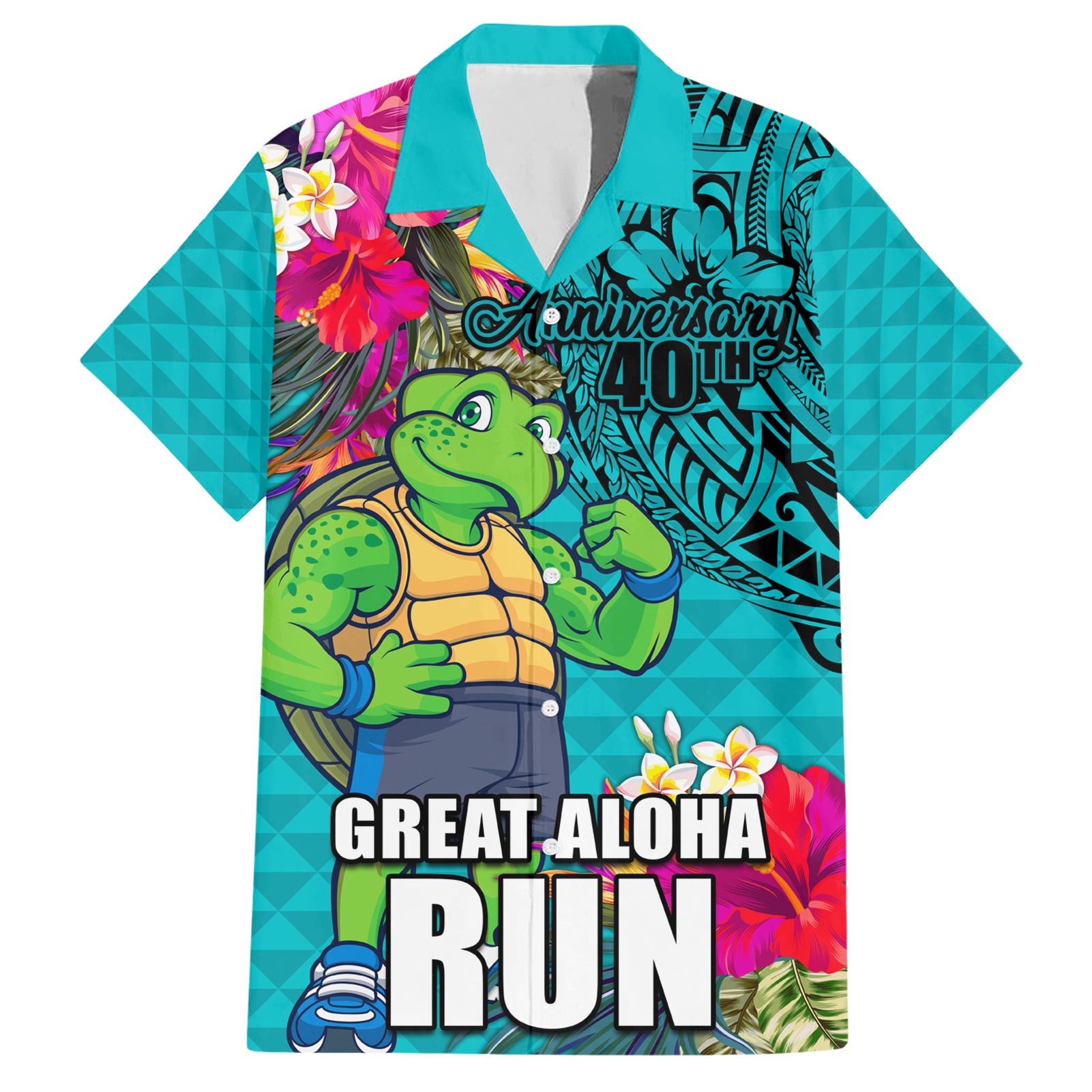 Hawaii Great Aloha Run 40th Anniversary Hawaiian Shirt With Turtle Mascot Marathon Hibiscus and Kakau LT03 Turquoise - Polynesian Pride