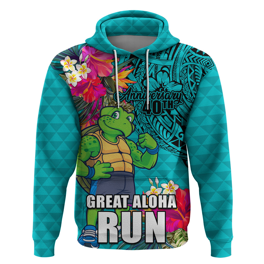 Hawaii Great Aloha Run 40th Anniversary Hoodie With Turtle Mascot Marathon Hibiscus and Kakau LT03 Pullover Hoodie Turquoise - Polynesian Pride