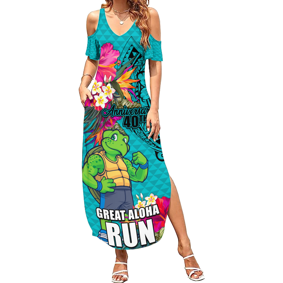 Hawaii Great Aloha Run 40th Anniversary Summer Maxi Dress With Turtle Mascot Marathon Hibiscus and Kakau LT03 Women Turquoise - Polynesian Pride