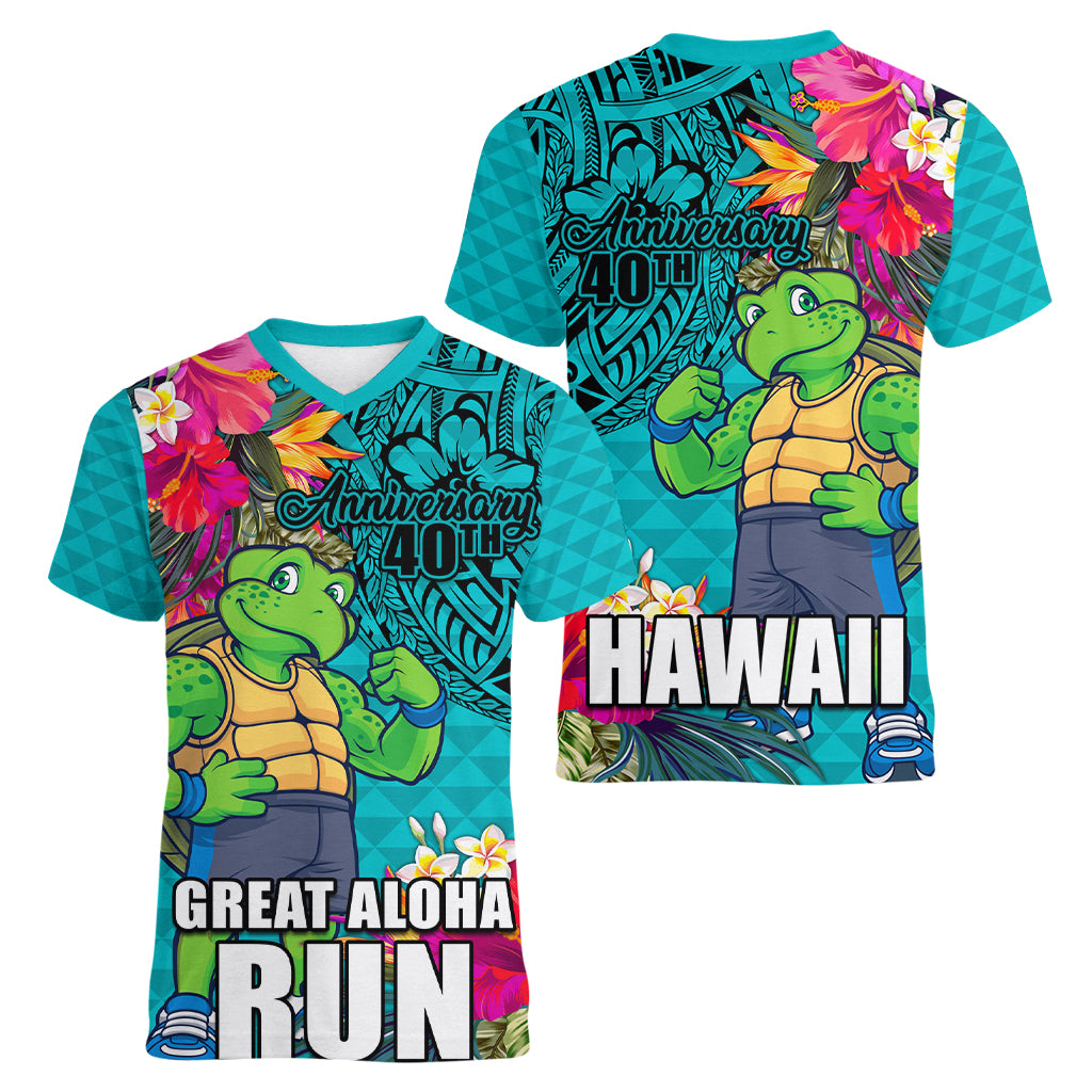 Hawaii Great Aloha Run 40th Anniversary Women V Neck T Shirt With Turtle Mascot Marathon Hibiscus and Kakau LT03 - Polynesian Pride