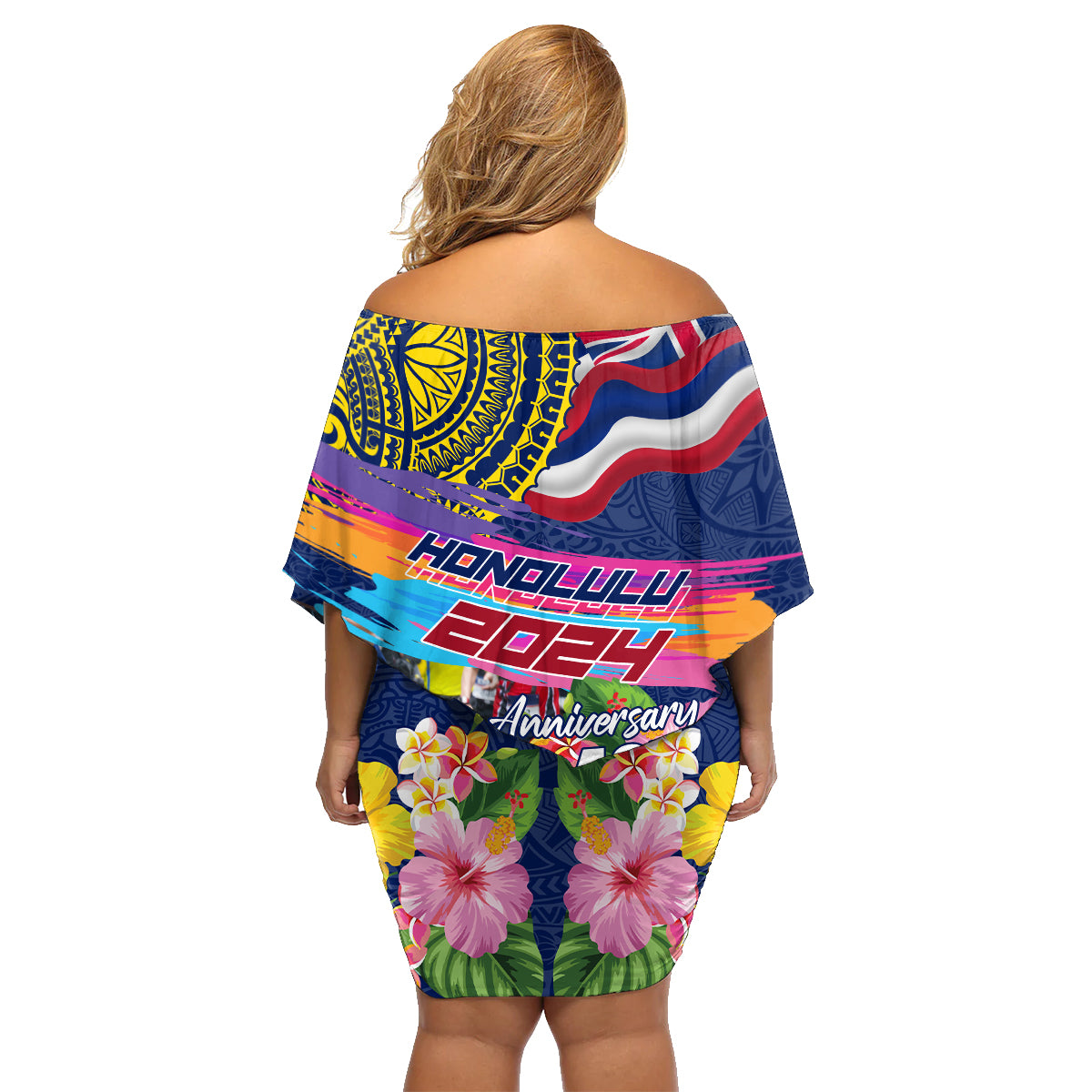 Hawaii Great Aloha Run 40th Anniversary Family Matching Off Shoulder Short Dress and Hawaiian Shirt Hibiscus and Kakau Pattern LT03 - Polynesian Pride