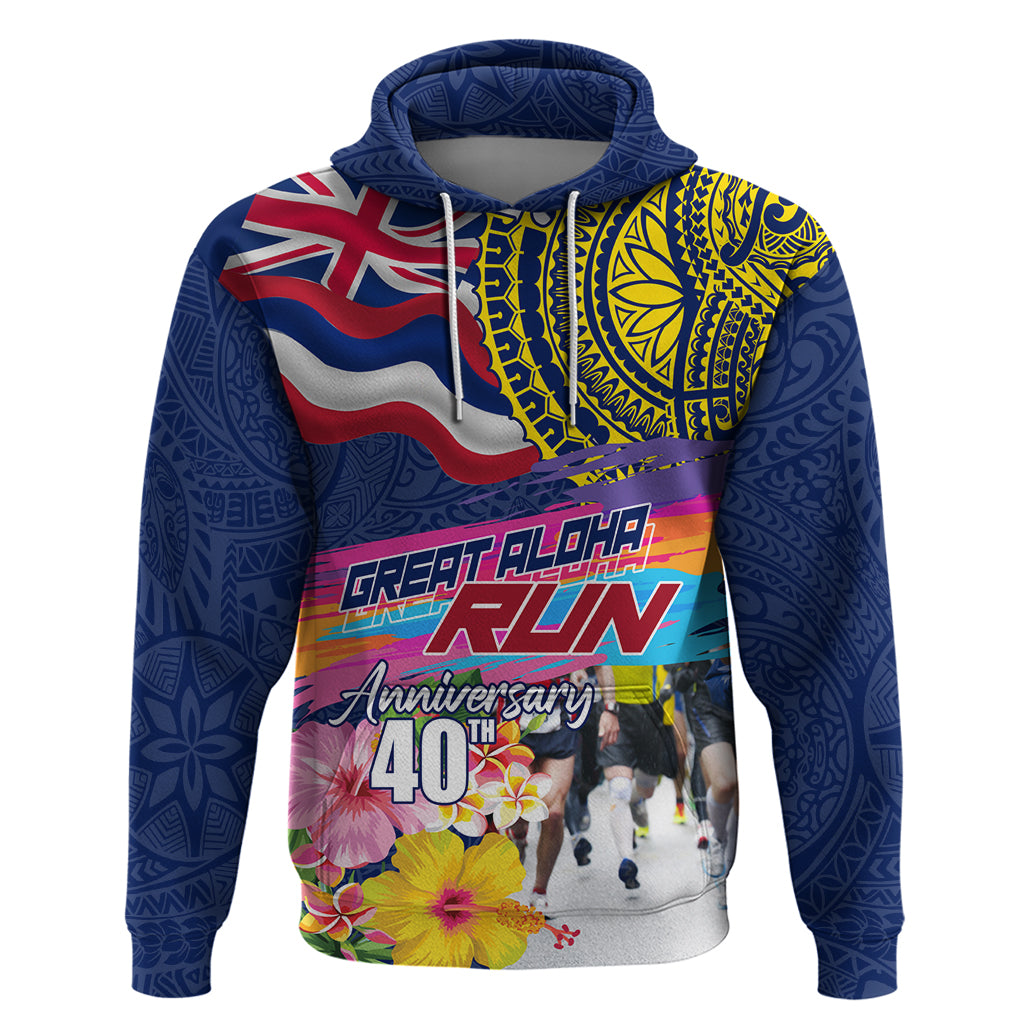 Hawaii Great Aloha Run 40th Anniversary Hoodie Hibiscus and Kakau Pattern LT03 Pullover Hoodie Blue - Polynesian Pride