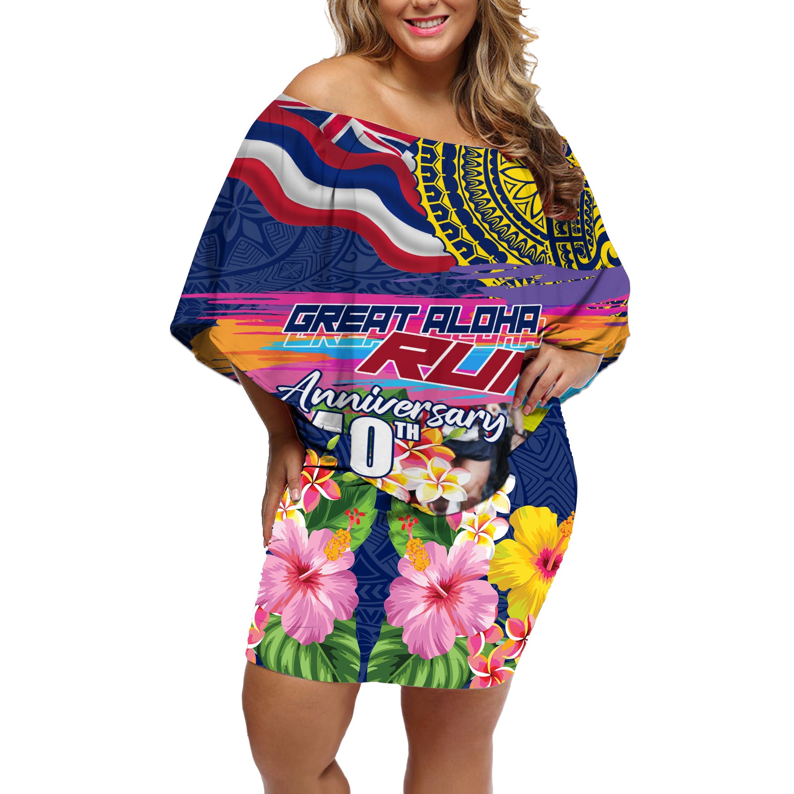 Hawaii Great Aloha Run 40th Anniversary Off Shoulder Short Dress Hibiscus and Kakau Pattern LT03 Women Blue - Polynesian Pride