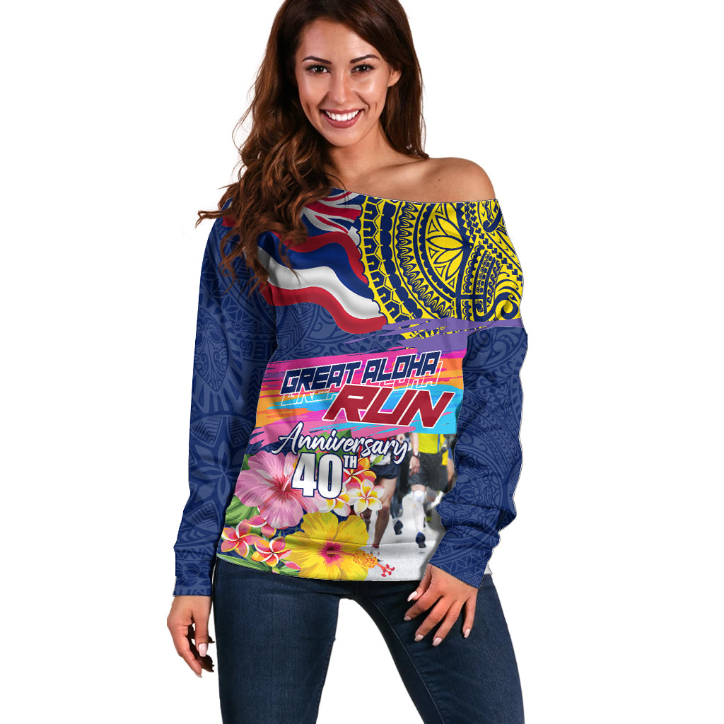 Hawaii Great Aloha Run 40th Anniversary Off Shoulder Sweater Hibiscus and Kakau Pattern LT03 Women Blue - Polynesian Pride