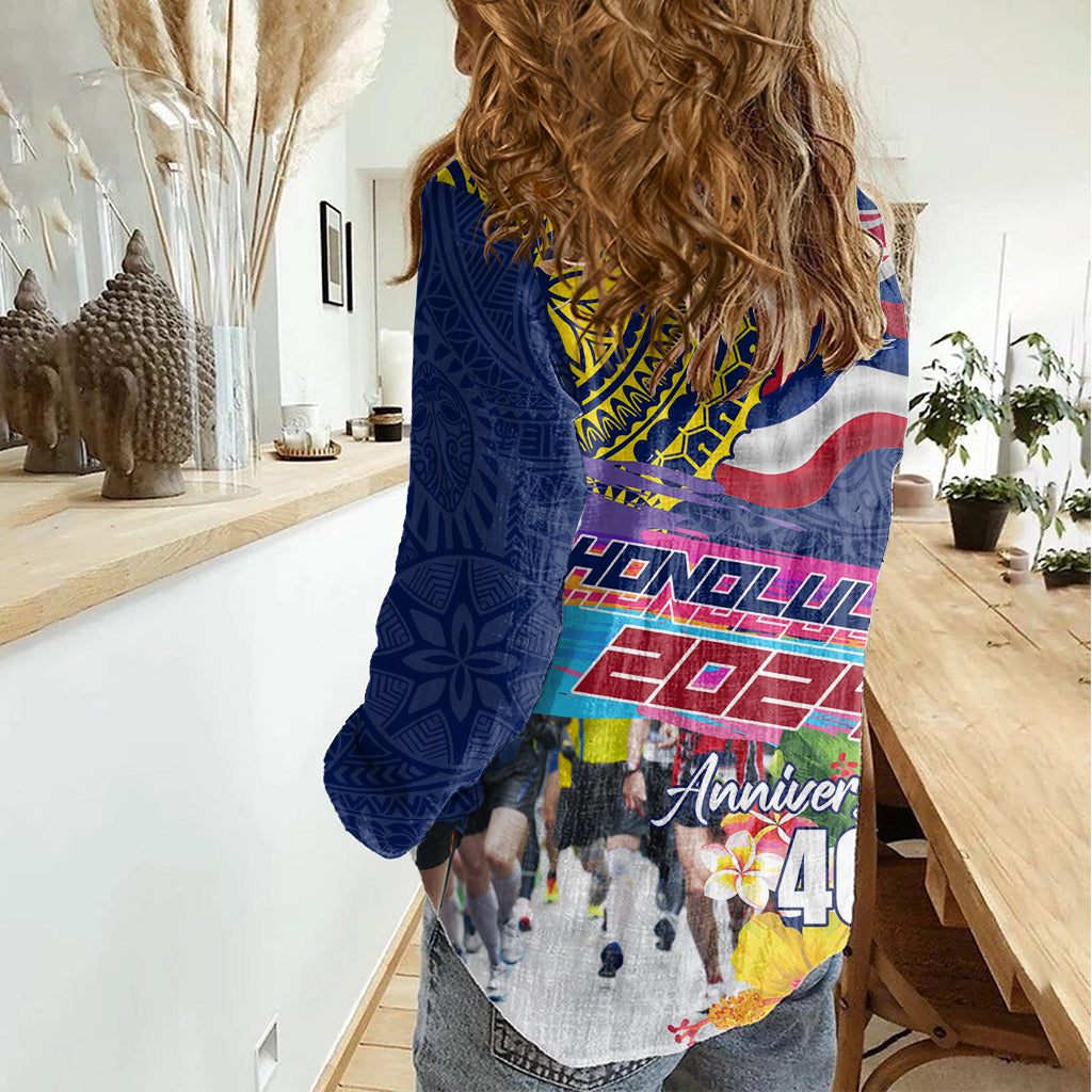 Hawaii Great Aloha Run 40th Anniversary Women Casual Shirt Hibiscus and Kakau Pattern LT03 - Polynesian Pride