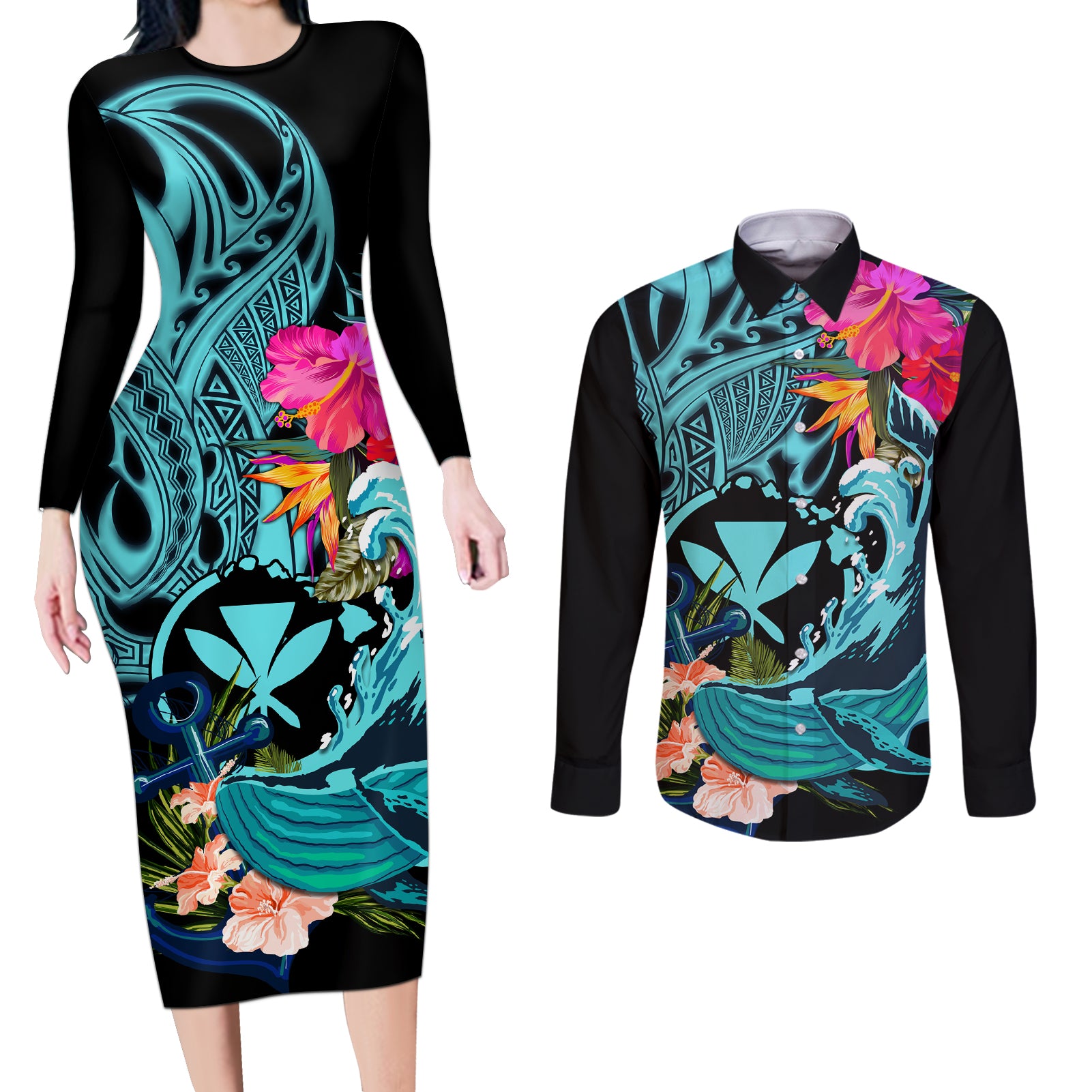 Hawaii Couples Matching Long Sleeve Bodycon Dress and Long Sleeve Button Shirt Whale Mix Hibiscus and Kanaka Maoli LT03 Black - Polynesian Pride