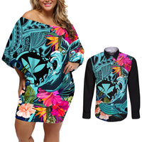 Hawaii Couples Matching Off Shoulder Short Dress and Long Sleeve Button Shirt Whale Mix Hibiscus and Kanaka Maoli LT03 Black - Polynesian Pride