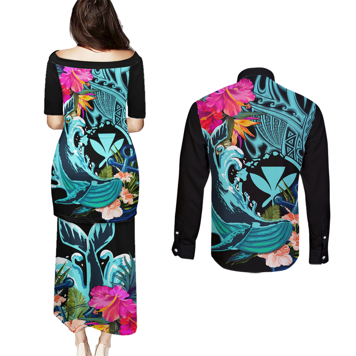 Hawaii Couples Matching Puletasi and Long Sleeve Button Shirt Whale Mix Hibiscus and Kanaka Maoli LT03 - Polynesian Pride