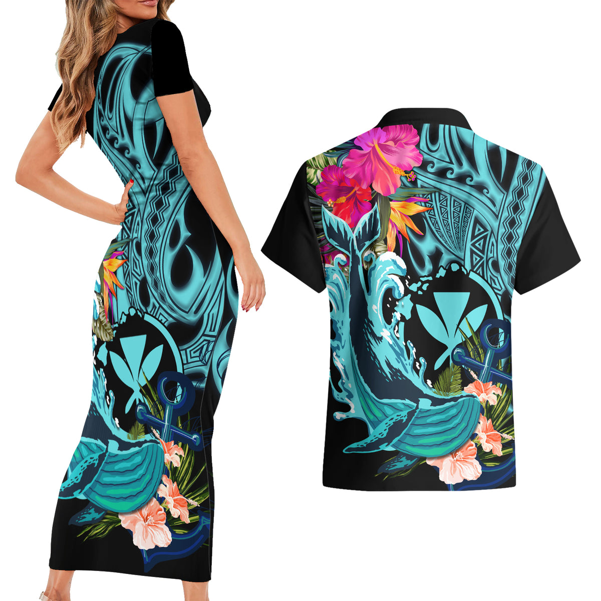 Hawaii Couples Matching Short Sleeve Bodycon Dress and Hawaiian Shirt Whale Mix Hibiscus and Kanaka Maoli LT03 - Polynesian Pride
