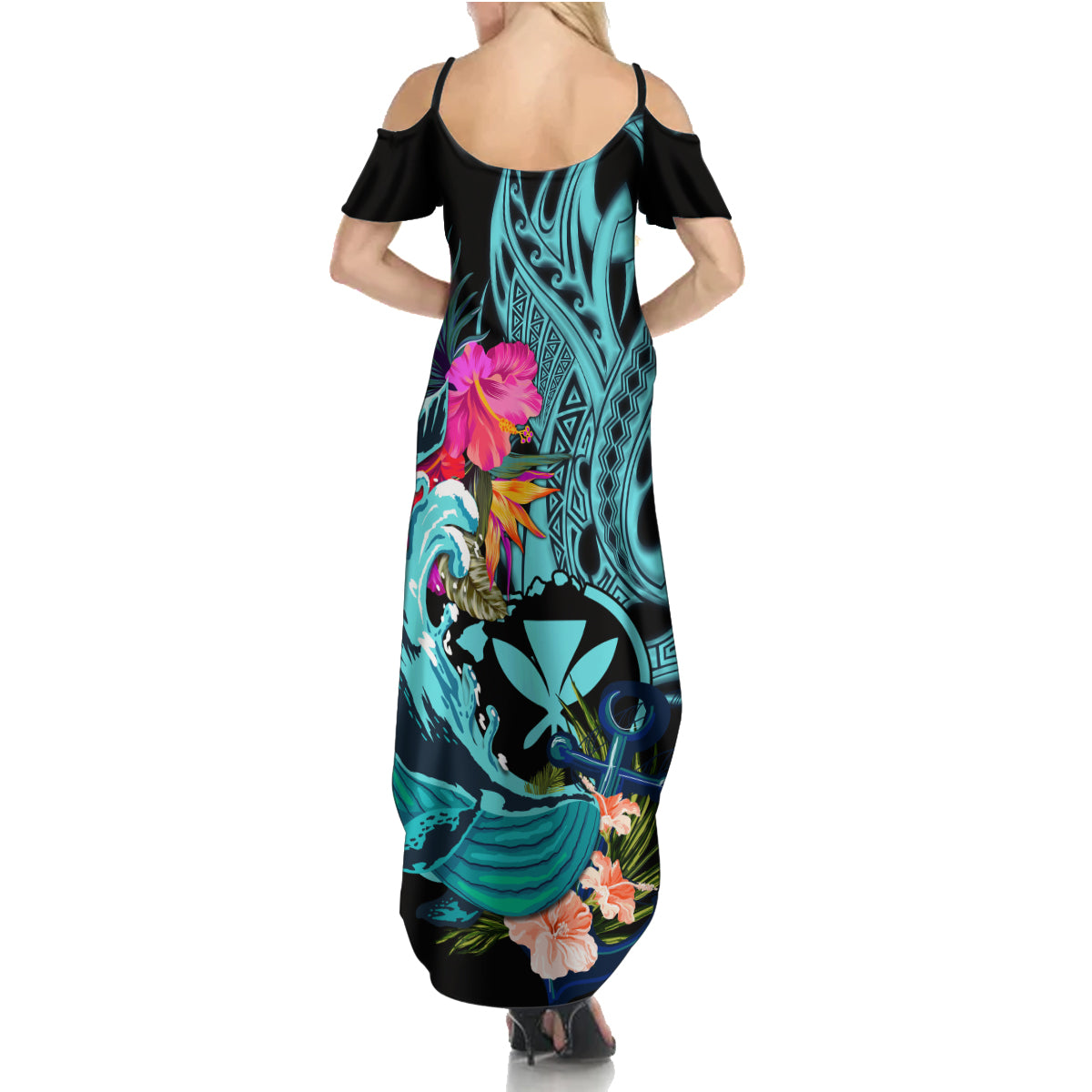 Hawaii Family Matching Summer Maxi Dress and Hawaiian Shirt Whale Mix Hibiscus and Kanaka Maoli LT03 - Polynesian Pride