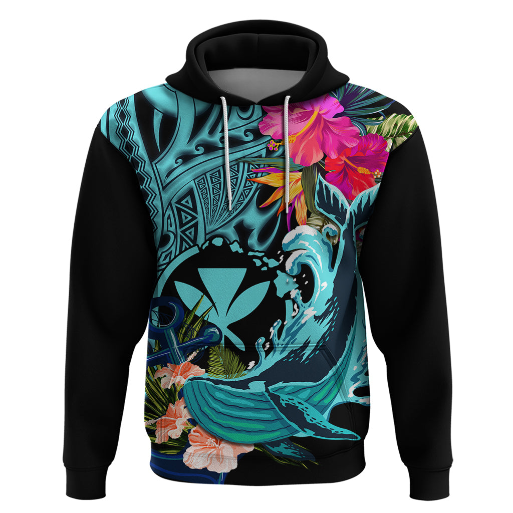 Hawaii Hoodie Whale Mix Hibiscus and Kanaka Maoli LT03 Pullover Hoodie Black - Polynesian Pride