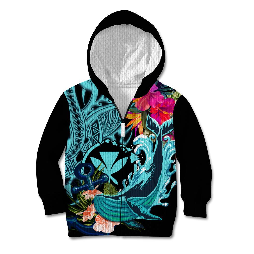 Hawaii Kid Hoodie Whale Mix Hibiscus and Kanaka Maoli LT03 Zip Hoodie Black - Polynesian Pride