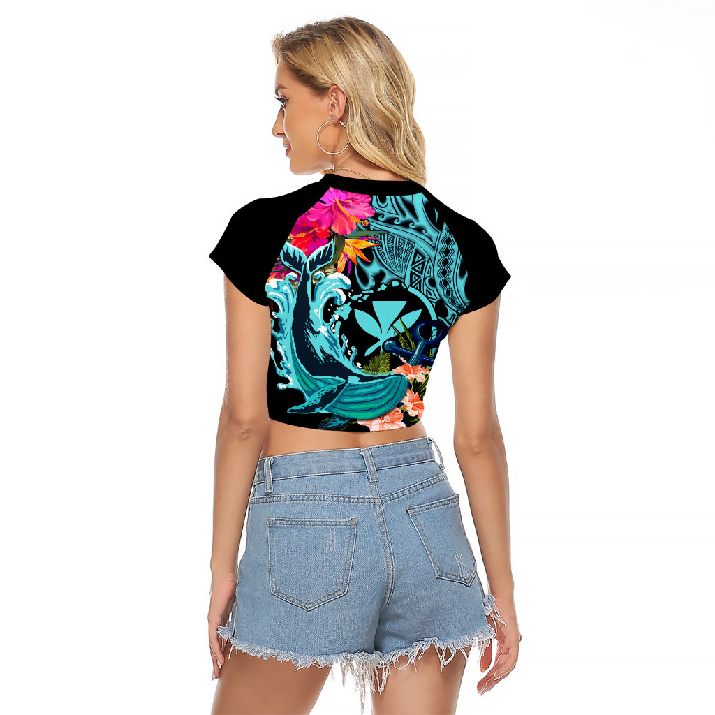 Hawaii Raglan Cropped T Shirt Whale Mix Hibiscus and Kanaka Maoli LT03 - Polynesian Pride