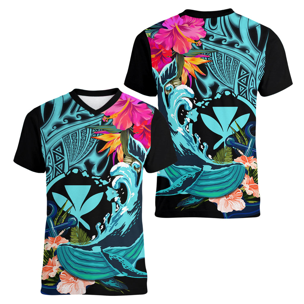 Hawaii Women V Neck T Shirt Whale Mix Hibiscus and Kanaka Maoli LT03 - Polynesian Pride