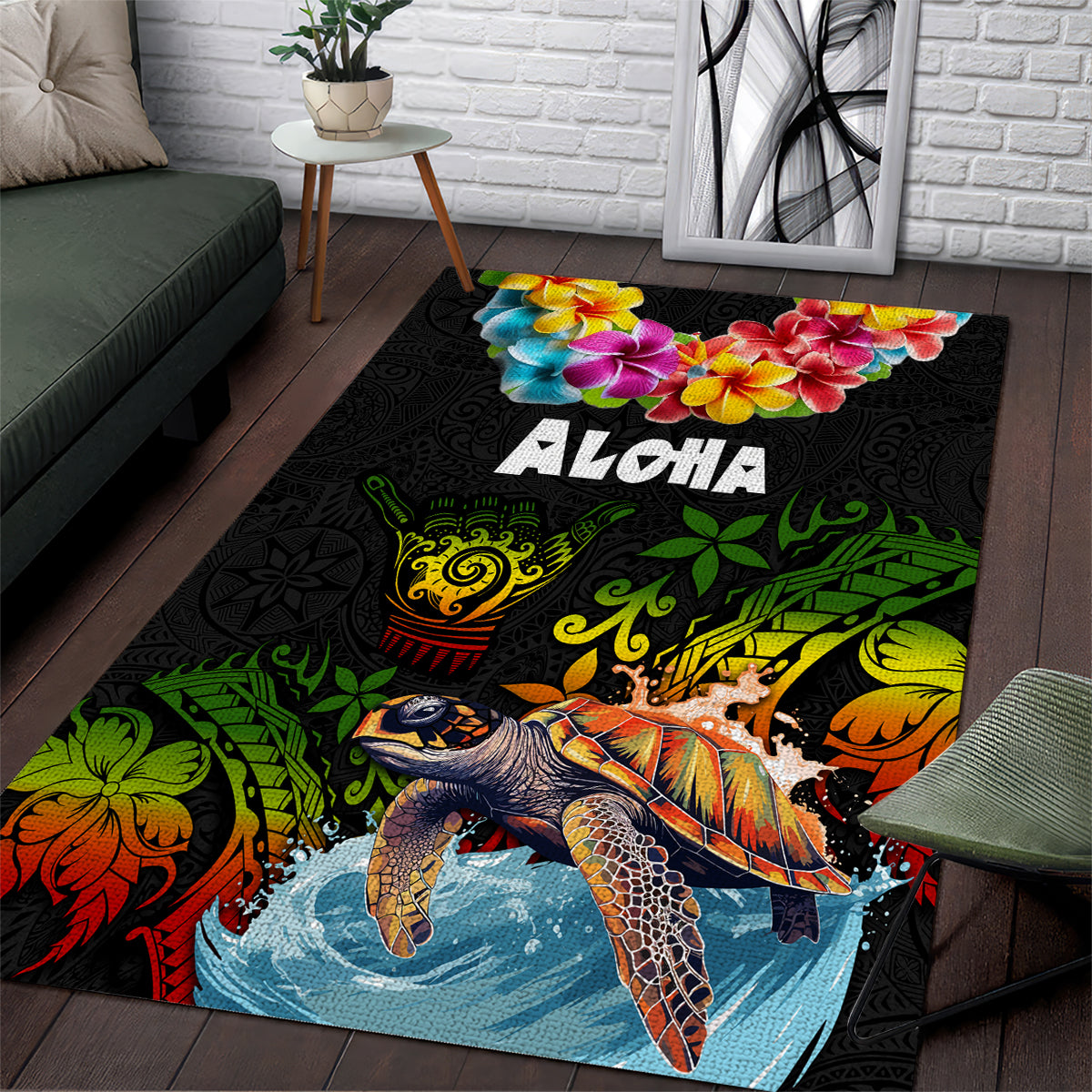 Hawaii Lei Day Area Rug Hibiscus Wreath and Polynesian Pattern