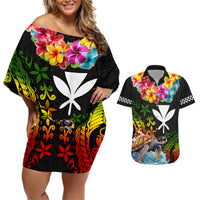 Hawaii Lei Day Couples Matching Off Shoulder Short Dress and Hawaiian Shirt Hibiscus Wreath and Polynesian Pattern