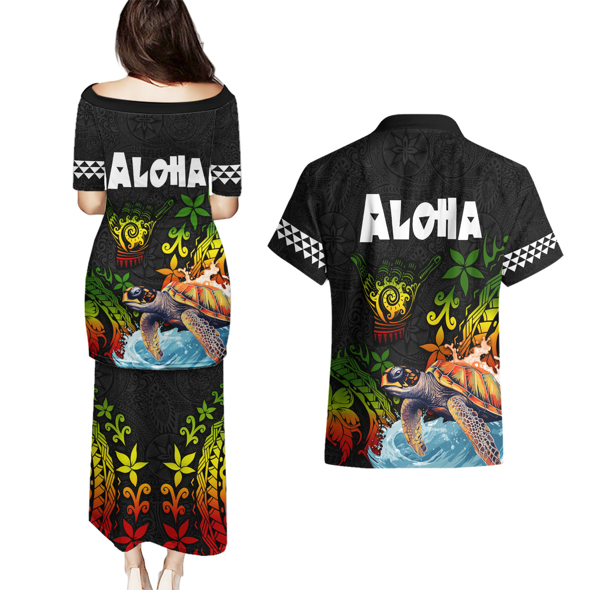 Hawaii Lei Day Couples Matching Puletasi and Hawaiian Shirt Hibiscus Wreath and Polynesian Pattern