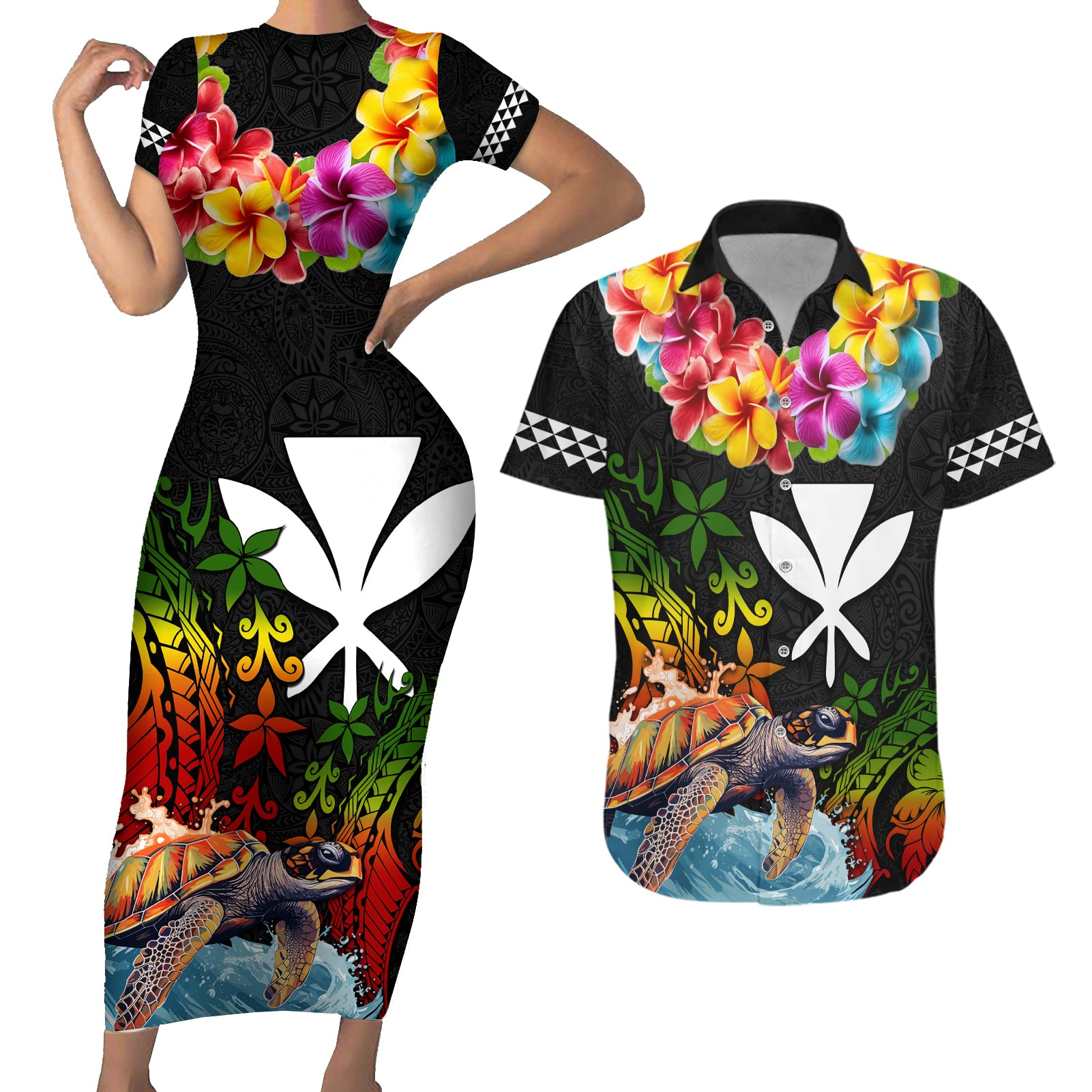 Hawaii Lei Day Couples Matching Short Sleeve Bodycon Dress and Hawaiian Shirt Hibiscus Wreath and Polynesian Pattern