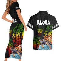 Hawaii Lei Day Couples Matching Short Sleeve Bodycon Dress and Hawaiian Shirt Hibiscus Wreath and Polynesian Pattern